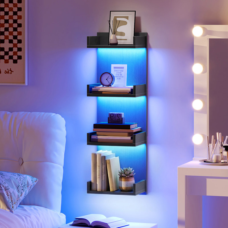 Étagère murale avec éclairage DEL, tablette flottante, tablette à 4 niveaux pour rangement mural, présentoir mural vertical, pour chambre, salon, couloir