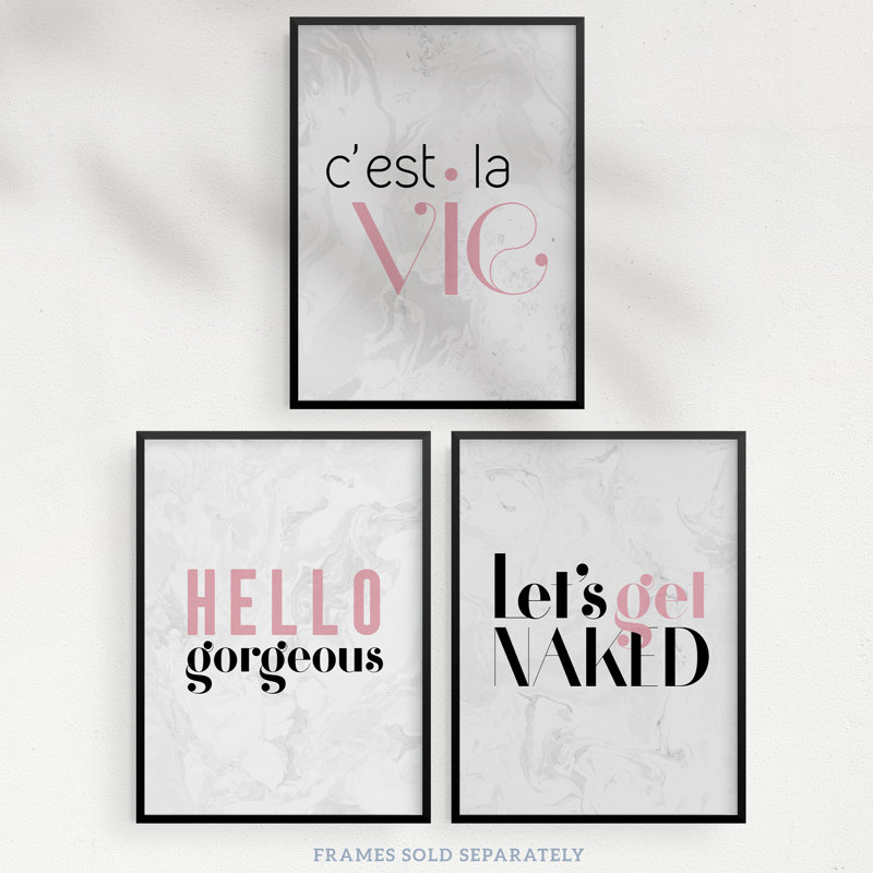 Stylish Bedroom Hello Gorgeous Cheeky Black Pink Marble - 3 Piece No Frame Print Set, 29.7cm H x 21cm W x 0.4cm D