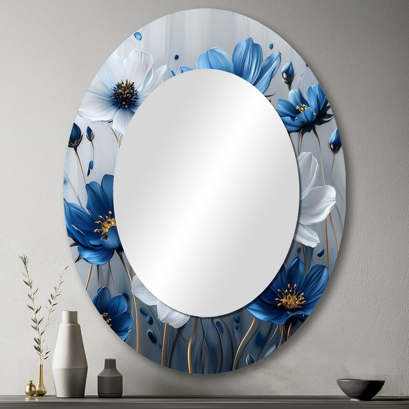 Meadows of Blue Cornflowers IV - Miroir mural ovale bleu, 43 po x 33 po