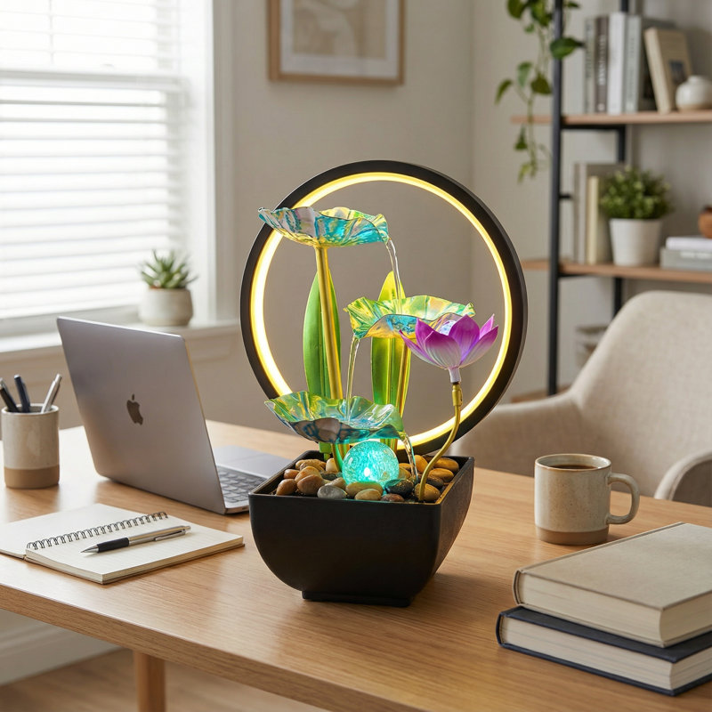 Fontaine de bureau lotus vert avec halo