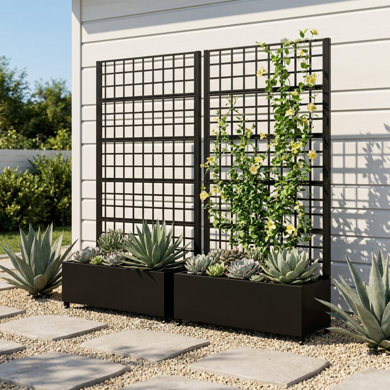Metal Raised Garden Bed with Trellis on Wheels Weather-Resistant Planter Box with Garden Divider, Black