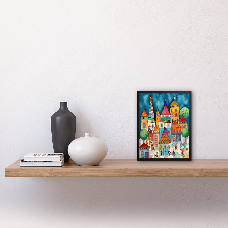 Town Market Square Afternoon Shoppers Folk Art Watercolour Painting Artwork Framed Wall Art Print 9X7 Inch