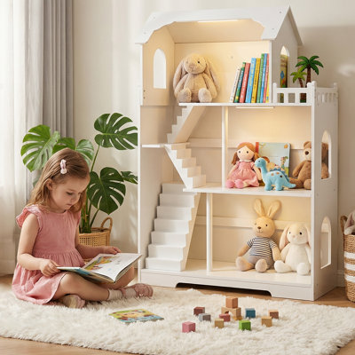 Wooden Dollhouse Kid Bookshelf, 3-Tier Storage Shelf Kid Bookcase with Roof, Playhouse
