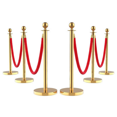 6-Pack Sturdy Gold Stanchion Posts, 4Pcs 5FT Red Velvet Ropes, Retractable Crowd Control Barriers, Sand-Fillable Base, Zinc-Alloy Ball Top for Weddings, Museums, Parties