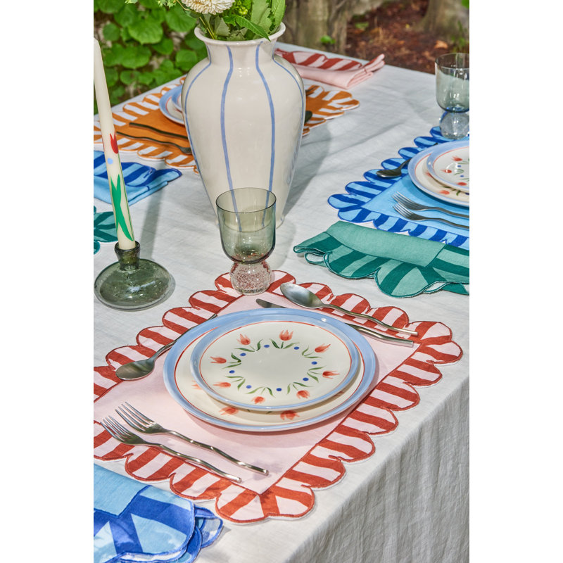Jardin Embroidered Linen Scalloped Stripe Napkins, Amber/White