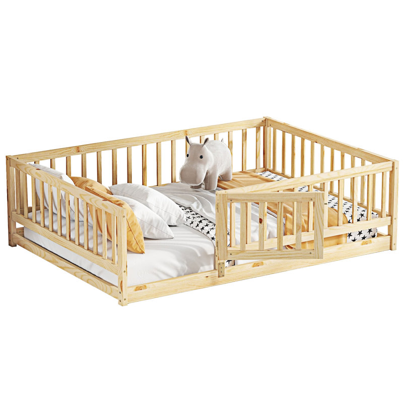 Lit sur pied avec lattes, lit sur pied Montessori avec clôture et porte, Double, Naturel