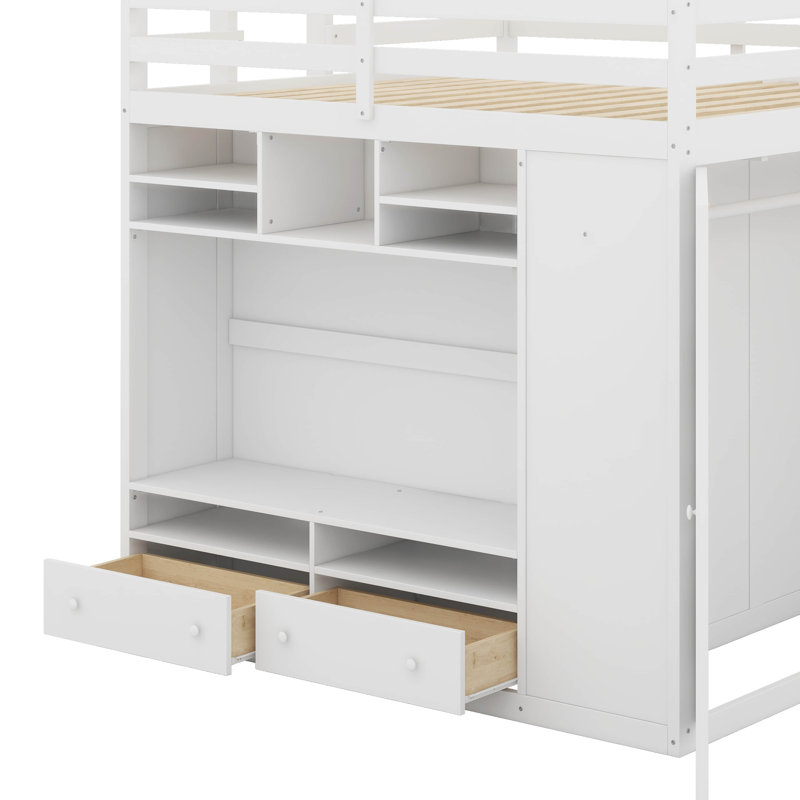 Lit mezzanine double avec tiroirs, tablettes et lumière, Blanc