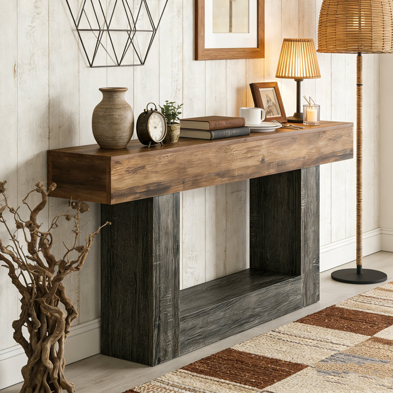Wooden Farmhouse 2-Tier Sofa Entryway Table, Vintage Brown & Gray