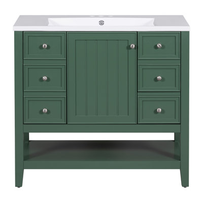 Meuble-lavabo 36 po avec lavabo, une armoire et trois tiroirs, bois massif et panneau de fibres à densité moyenne, vert