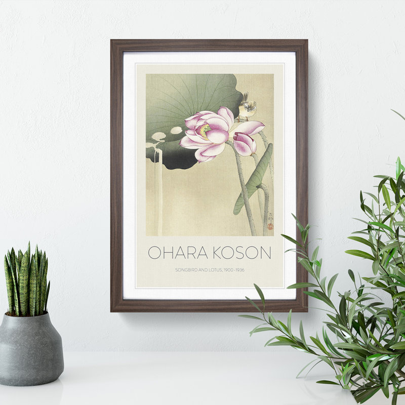 Songbird and Lotus - Picture Frame Painting, 48cm H x 36cm W x 2cm D, Walnut