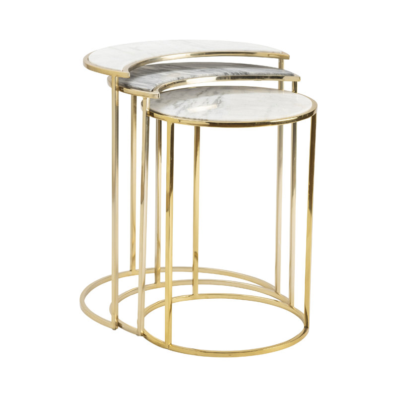 3 Piece white with gray veining marble Topped Accent_Nesting Tables Set with Gold Metal Legs