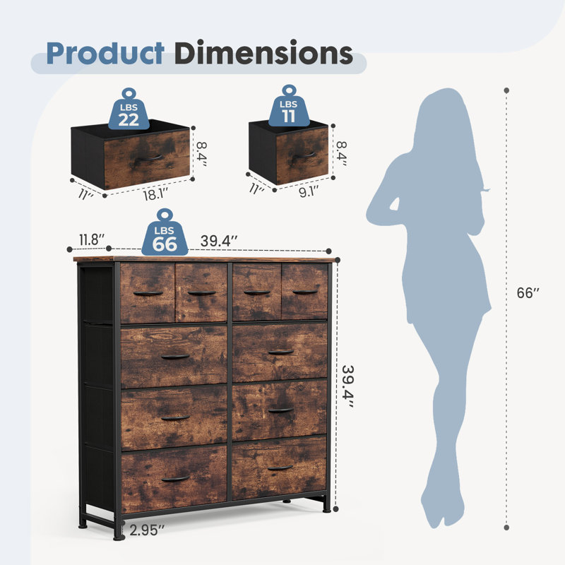 Tall 10-Drawer Fabric Dresser with Cabinet, Metal Frame Storage Tower for Bedroom, Closet, Entryway, Rustic Browm