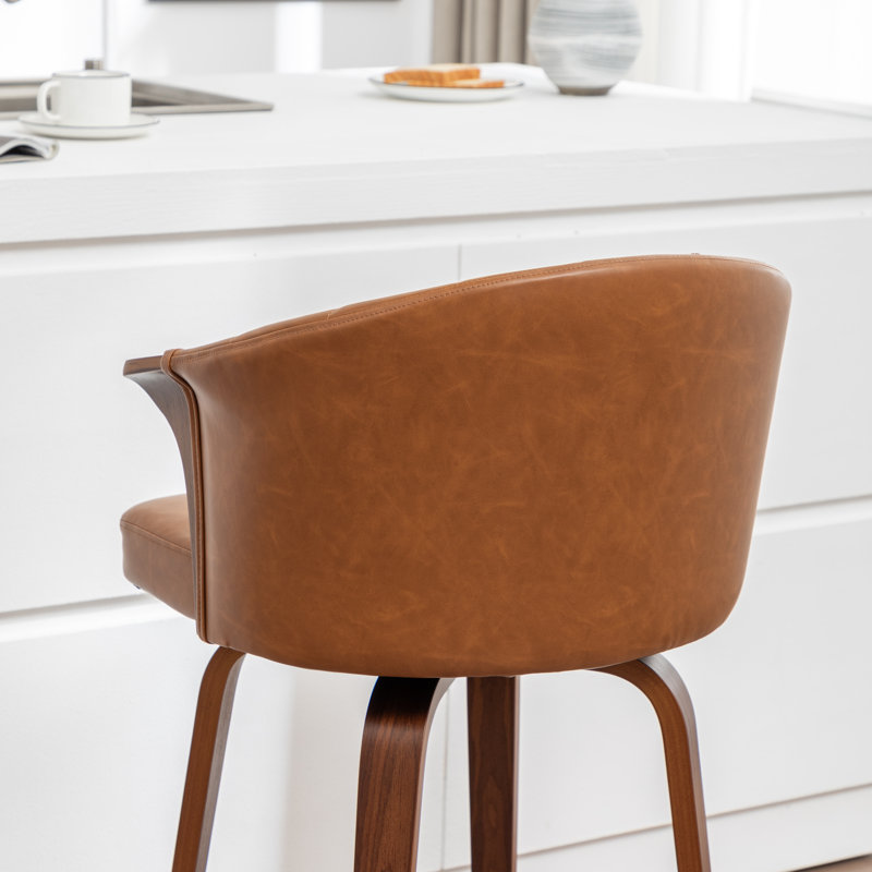 Tabouret de comptoir pivotant rembourré avec structure en bois Devault, Brun