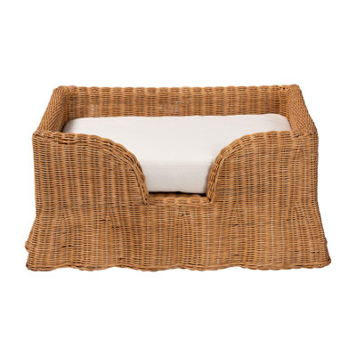 Bali & Pari Belita Natural Rattan Pet Bed With Scalloped Base - Handwoven Wicker Enclosed Lounge Bed For Dogs Or Cats With Removable Cushion, 30.2"