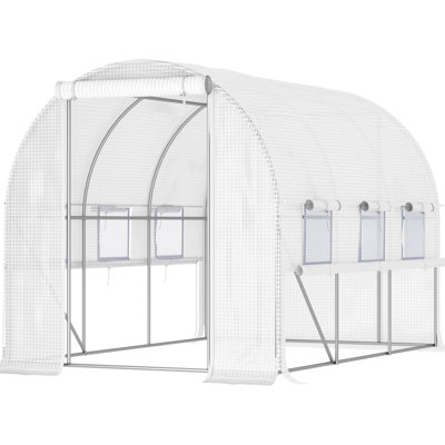 Grande serre extérieure de plain-pied de 3 m x 2,3 m, avec bâche en polyéthylène ignifugée et résistante au vieillissement, portes à fermeture éclair et fenêtres en maille pour la circulation de l'air, grilles renforcées.