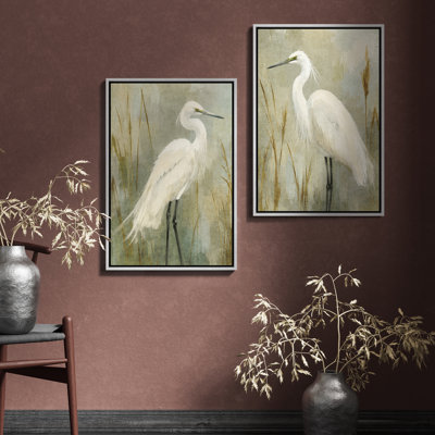 White Egret Pair in Tall Reeds Nature Decor 2 Pieces Framed Print Wall Art