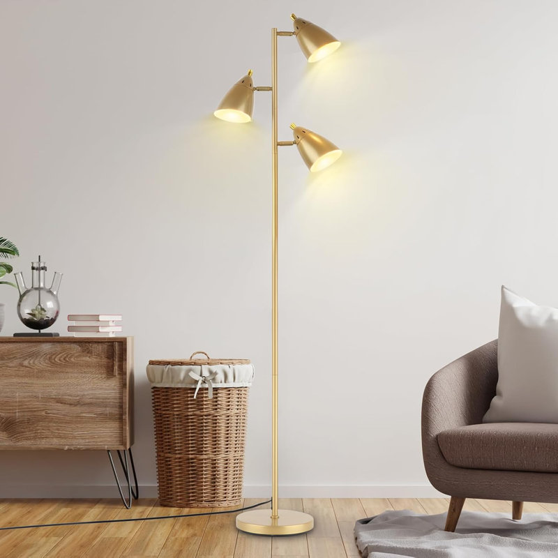 Industrial 3-Light Tree Floor Lamp With Adjustable Rotation Heads For Living Room, Bedroom, Office