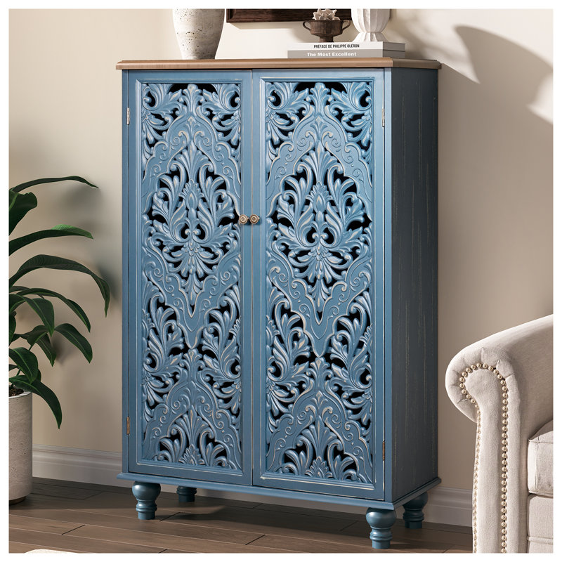 Tall Storage Cabinet,Accent Chest,Accent Cabinet with Doors,Sideboard Buffet with Shelves, Blue/Walnut