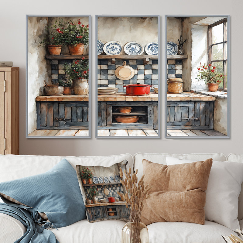 Country Kitchen Rustic Dream I - Ensemble d'art mural de cuisine, Toile argentée avec cadre flottant