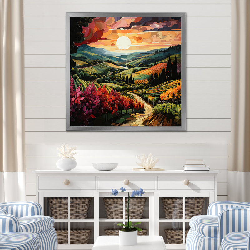 «Vineyard Sunset Rows Of Ruby Landscape I», reproduction sur toile, H 16 po x l 16 po x P 1 po, Cadre photo argenté