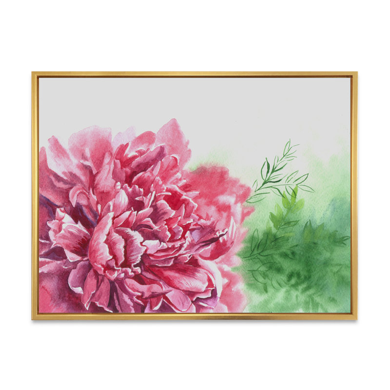 Aquarelle, pivoines roses III - reproduction sur toile flottante, H 12 po x l 20 po x P 1 po, Cadre flottant doré