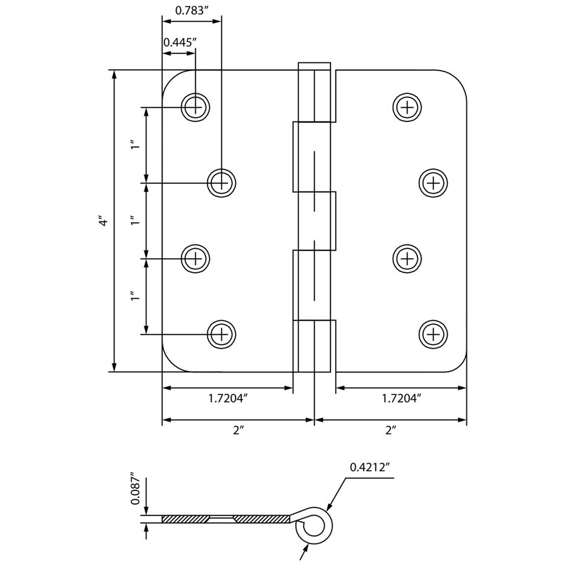 Charnières de porte de 4 po, coin de rayon de 1/4 po, Chrome satiné