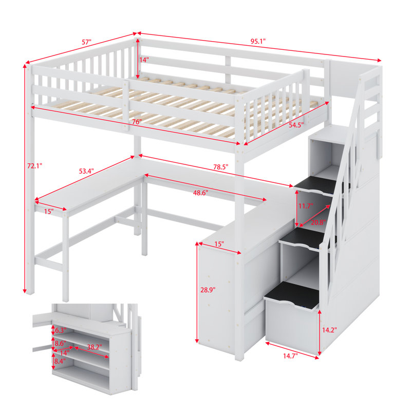Lit mezzanine avec bureau intégré en forme de L et tablettes de rangement à trois niveaux, et escalier de rangement attaché