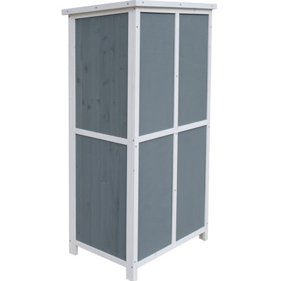 Remise de rangement bicolore de 54 pouces de couleur grise et blanche, toit incliné pour garder l'eau à l'écart, 5 compartiments pour les grands équipements d'extérieur avec design, porte simple sécurisée, personnalisable