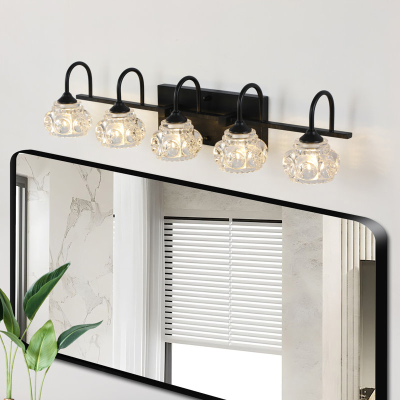 Vintage Crystal Vanity Light - Elegant Bathroom Mirror Fixture With Clear Glass Shades, 6.3" H x 29.1" W x 7.1" D, Black