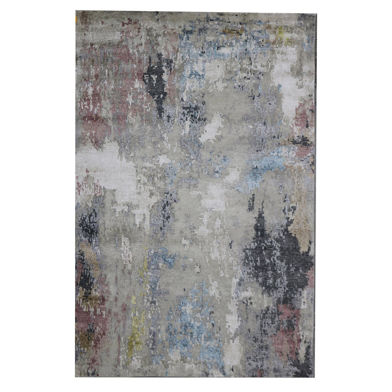 Tapis gris / blanc / noir noué à la main de haute qualité, Rectangle 5 pi x 7 pi