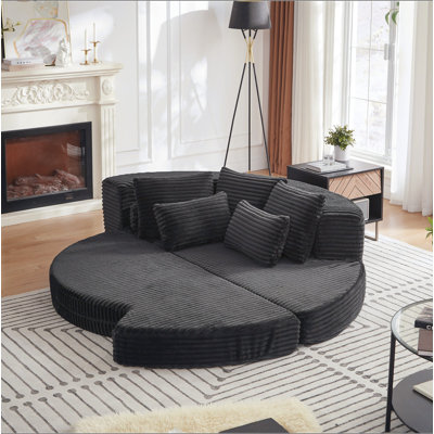 78.5-Inch Corduroy Semi-Circular 2-in-1 Sofa Bed, Designer Recliner with Neck Pillow and Five Throw Pillows in Living Room