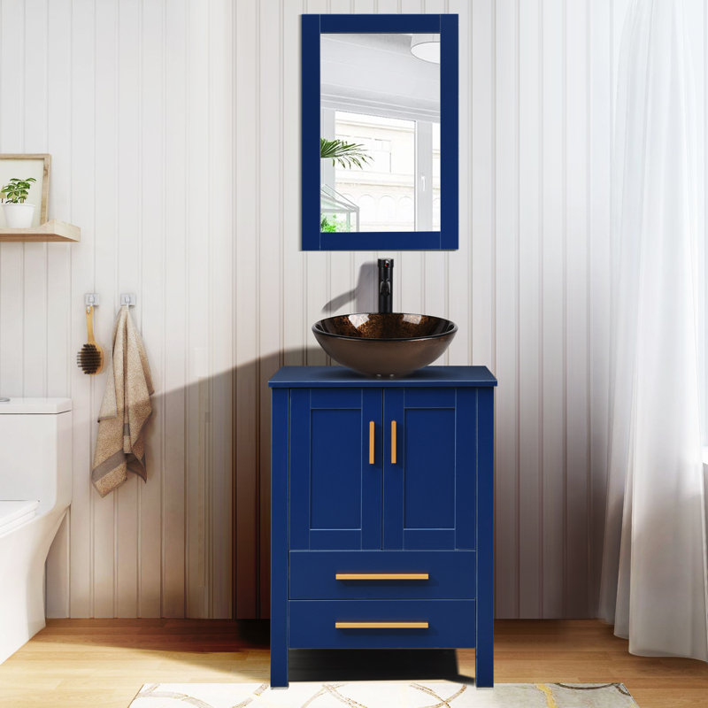 Ensemble de meuble-lavabo simple 24 po avec miroir Bryan, Noir, Bleu, Argent argent