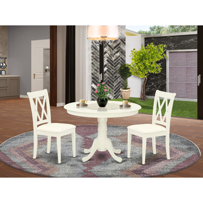 Ensemble de table de salle à manger 5 pièces comprenant une table ronde avec piédestal et 4 chaises rembourrées en tissu de lin, blanc lin