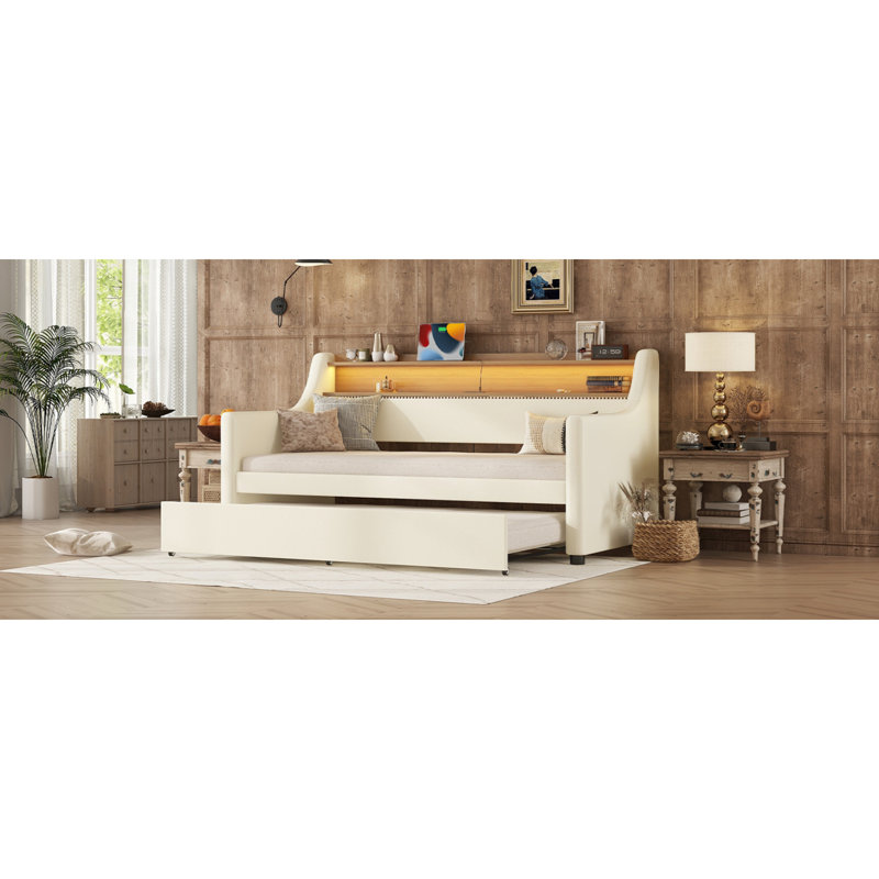 Twin Size Daybed With Trundle, Upholstered Daybed With Charging Station And LED Lights, White , White
