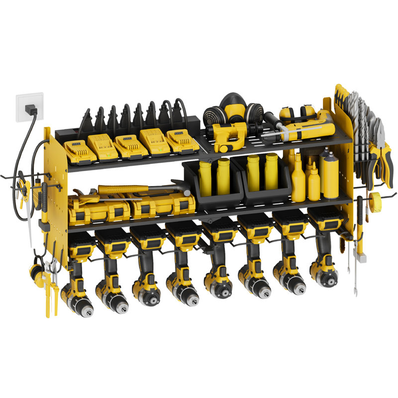 Power Tool Organizer with Charging Station Garage 8 Drill Holders Wall Mount with 8 Outlets, Yellow