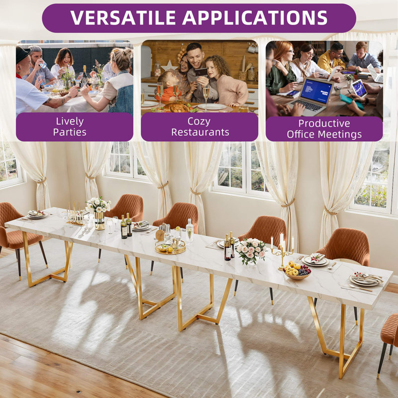Kendrik 82.67'' L x 31.5'' W Dining Table with Rectangular Faux Marble Tabletop for 6-8 People, Gold, White
