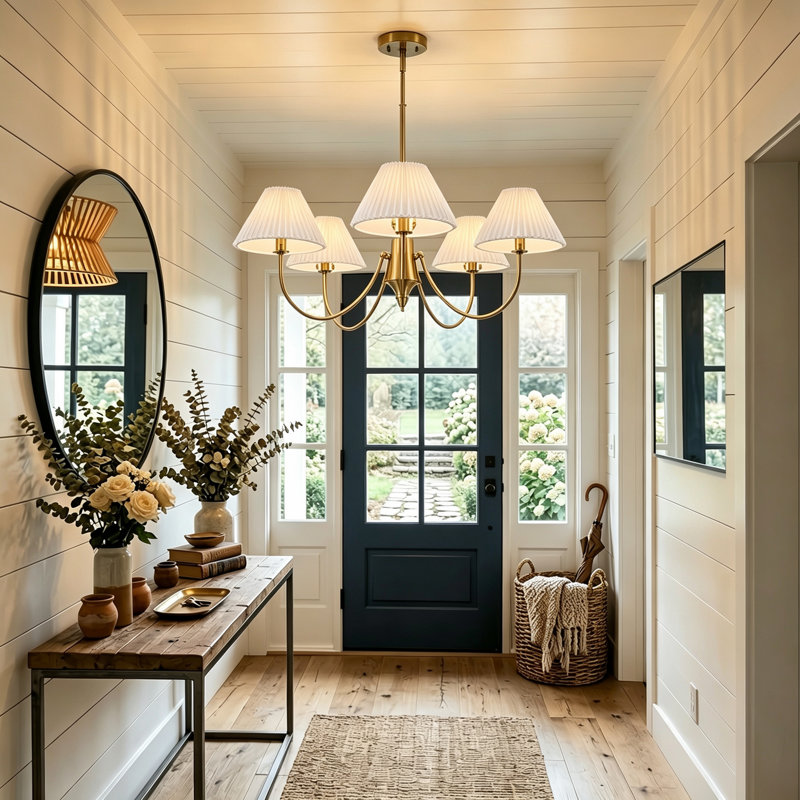 5-Light Transitional Pleated Fabric Pendant Light, Gold