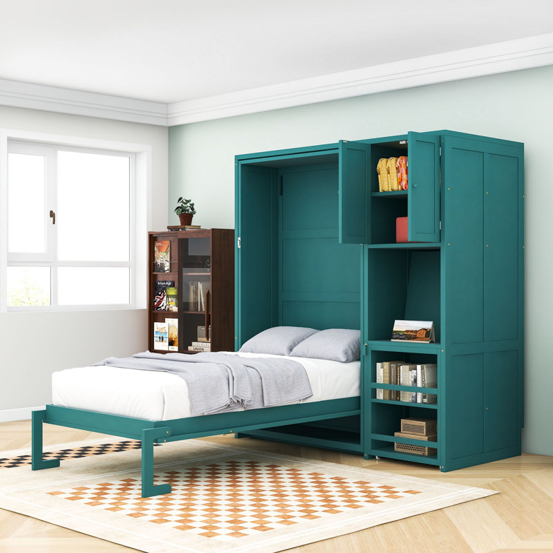 Lit escamotable simple en bois avec bureau et étagères, Sarcelle