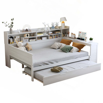 Wooden Daybed with Storage Shelves, Multi-functional Bed with Twin Size Trundle Bed and  Study Desk