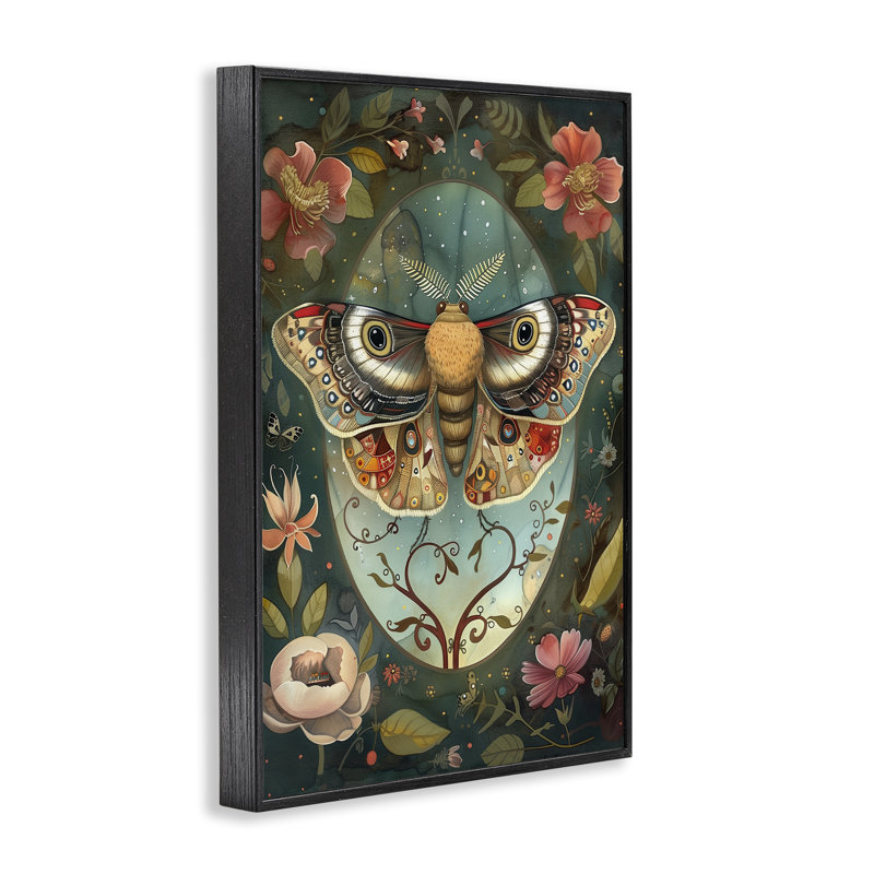 Ornate Botanicals & Moth, giclée encadrée, design par The Dutch Lady, H 18 po x l 12 po, Giclée encadrée noir minuit