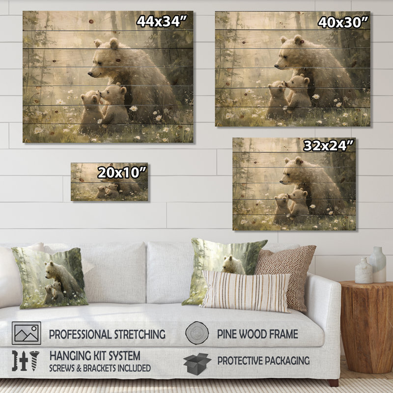 Mère ours avec des petits en hiver I - Reproduction en bois d'ours - sur bois de pin naturel, H 30 po x l 40 po x P 0,78 po