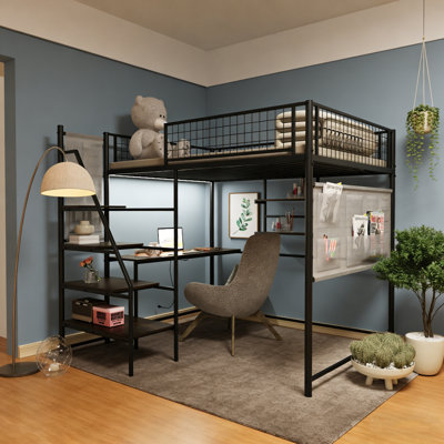 Full Size Metal Loft Bed, Loft Bed With Desk, Storage Stairs And Built-In USB Charging Station, Heavy-Duty Metal Frame With Safety Guardrails, High Sleeper Bed For Kids Teens Adults, No Box Spring Needed
