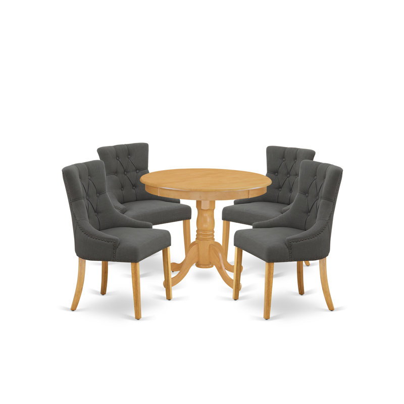 5 Piece Dinette Set for 4 Includes a Round Kitchen Table with Pedestal and 4 Dark Gotham Linen Fabric Upholstered Parson Chairs, Oak