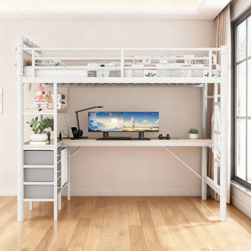 Atreo Metal L - Shaped Desk Loft Bed Frame With LED Lighting & 3 Fabric Drawers, Ideal For Small Apartments, White/Natural