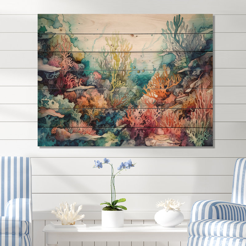 Vibrant Coral Reef III - impression de paysage de plage moderne sur bois de pin naturel, H 30 po x l 40 po x P 0,78 po