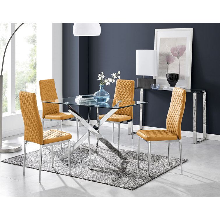 Lenworth Modern Chrome Metal and Glass Dining Table Set with 4 Luxury Faux Leather Dining Chairs