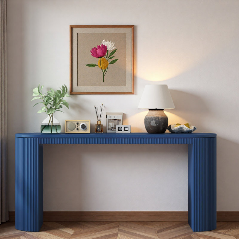 Curved Design Console Table With Unique Vertical Stripe Design, Navy