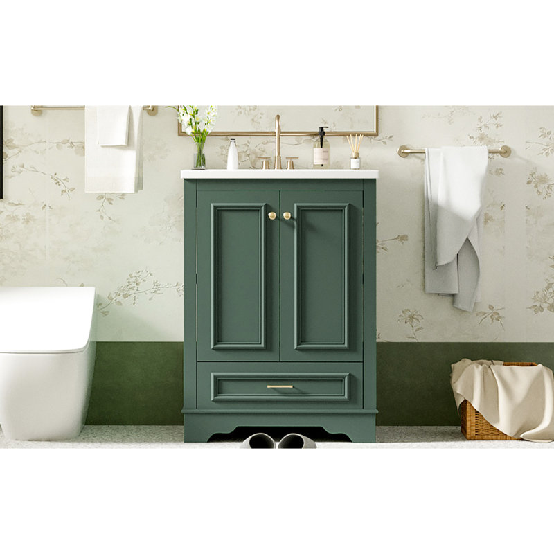 24" Bathroom Storage Vanity With Ceramic Sink, And Versatile Cabinet & Silver Handles Modern Smooth Surface Treatment