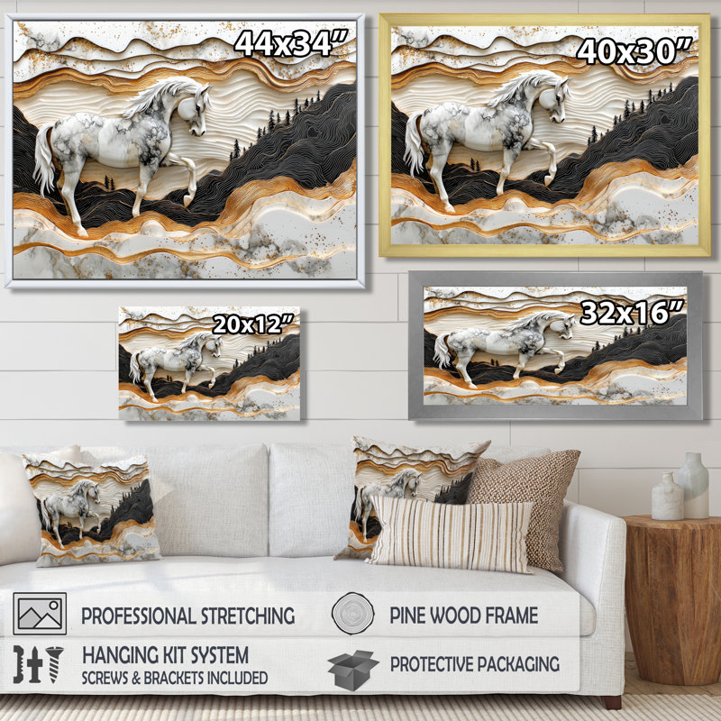 Marjanas Abstract Gallop Horse Into The Forest - Horse Wall Art, Single Picture Frame Print, 30" H x 40" W, Black