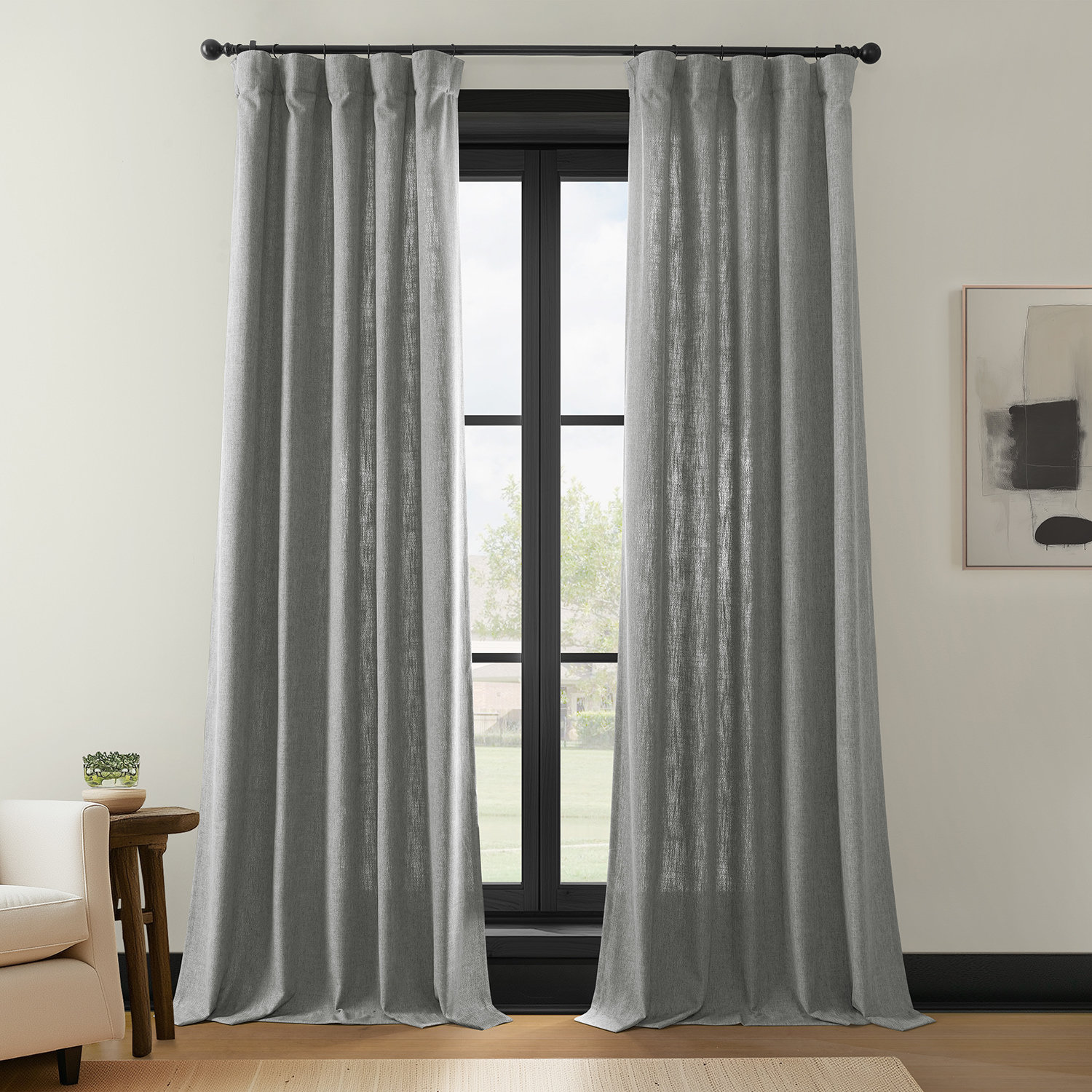 Farmbry Faux Linen Curtain Panel Set, Gray, 50" W x 84" L